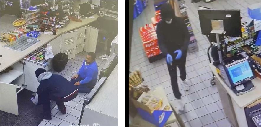Left - photo of a suspect wearing dark clothes and gray hoodie behind the cashier's stand. Right - photo of another suspect dressed in dark clothes, white shoes, mask and surgical gloves. 